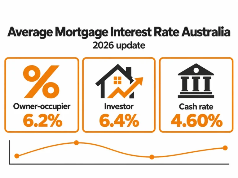 Infographic of the average mortgage interest rate in Australia, 2026 update: owner-occupier 6.2%, investor 6.4%, cash rate 4.60%